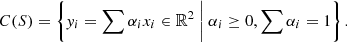$$ \begin{aligned} C(S) = \left\{ { y}_i = \sum \alpha _i x_i \in \mathbb{R} ^2\ \biggr \vert \ \alpha _i \ge 0, \sum \alpha _i =1 \right\} . \end{aligned} $$