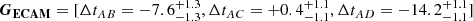 $ \boldsymbol{G_{\mathrm{ECAM}}} = [\Delta t_{AB} = -7.6^{+1.3}_{-1.3}, \Delta t_{AC} = +0.4^{+1.1}_{-1.1}, \Delta t_{AD} = -14.2^{+1.1}_{-1.1}] $