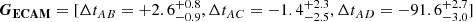 $ \boldsymbol{G_{\mathrm{ECAM}}} = [\Delta t_{AB} = +2.6^{+0.8}_{-0.9}, \Delta t_{AC} = -1.4^{+2.3}_{-2.5}, \Delta t_{AD} = -91.6^{+2.7}_{-3.0}] $