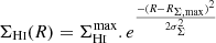 $ {\Sigma_\mathrm{H\textsc{i}}(R) = \Sigma_\mathrm{H\textsc{i}}^{\mathrm{max}}.e^{\frac{-(R - R_{\Sigma,\rm max})^{2}}{2\sigma_{\Sigma}^{2}}}} $