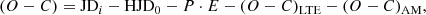 $$ \begin{aligned} (O-C) = \mathrm{JD}_i - \mathrm{HJD}_0 - P \cdot E - (O-C)_{\rm LTE} - (O-C)_{\rm AM}, \end{aligned} $$