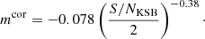 $$ \begin{aligned} m^{\mathrm{cor} }=-0.078 \left( \frac{S/N_{\mathrm{KSB} }}{2}\right) ^{-0.38}\cdot \end{aligned} $$