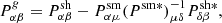 $$ \begin{aligned} P^{g}_{\alpha \beta } = P_{\alpha \beta }^{\mathrm{sh}} - P_{\alpha \mu }^{\mathrm{sm}} (P^{\mathrm{sm *}})^{-1}_{\mu \delta } P_{\delta \beta }^{\mathrm{sh*}}, \end{aligned} $$