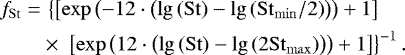 \begin{align*}f_{{\mathrm{St}}}=&\,\left\{\left[\exp{\left(-12\cdot\left(\lg{({\mathrm{St}})}-\lg{({\stokes_{\mathrm{min}}}/2)}\right)\right)}&#x002B;1\right]\right. \nonumber\\ &\times\,\left.\left[\exp{\left(12\cdot\left(\lg{({\mathrm{St}})}-\lg{(2{\stokes_{\mathrm{max}}})}\right)\right)}&#x002B;1\right]\right\}^{-1}. \end{align*}