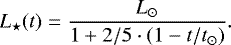 \begin{align*} {L_{\star}}(t)=\frac{{L_{\odot}}}{1&#x002B;2/5\cdot(1-t/t_{\odot})}. \end{align*}