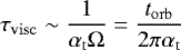 \begin{align*} \tau_{\mathrm{visc}}\sim\frac{1}{{\alpha_{\mathrm{t}}}{\Omega}}=\frac{{t_{\mathrm{orb}}}}{2\pi{\alpha_{\mathrm{t}}}} \end{align*}
