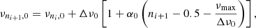 $$ \begin{aligned} \nu _{n_{i+1},0} = \nu _{n_i,0} + \Delta \nu _0 \left[ 1 + \alpha _0 \left( n_{i + 1} - 0.5 - \frac{\nu _\mathrm{max} }{\Delta \nu _0} \right) \right], \end{aligned} $$