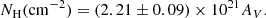 $$ \begin{aligned} {N}_{\rm H} (\mathrm{cm}^{-2} ) = (2.21 \pm 0.09) \times 10^{21} A_V. \end{aligned} $$