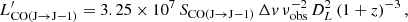 $$ \begin{aligned} L^{\prime }_{\rm CO(J\rightarrow J-1)}=3.25\times 10^7\,S_{\rm CO(J\rightarrow J-1)}\,\Delta v\,\nu _{\rm obs}^{-2}\,D_L^2\,(1+z)^{-3}\,, \end{aligned} $$