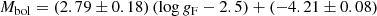$$ \begin{aligned} M_{\rm bol} = (2.79 \pm 0.18)\,(\log g_{\rm F} - 2.5) + (-4.21 \pm 0.08) \end{aligned} $$