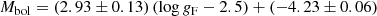 $$ \begin{aligned} M_{\rm bol} = (2.93 \pm 0.13)\,(\log g_{\rm F} - 2.5) + (-4.23 \pm 0.06) \end{aligned} $$