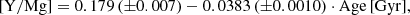 $$ \begin{aligned} \mathrm{[Y/Mg]}= 0.179 \, (\pm 0.007) - 0.0383\, (\pm 0.0010) \cdot \mathrm{Age} \,\mathrm{[Gyr]}, \end{aligned} $$