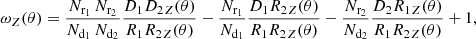 $$ \begin{aligned} \omega _Z(\theta ) = \frac{N_{\text{r}_1}\, N_{\text{r}_2}}{N_{\text{d}_1}\,N_{\text{d}_2}}\frac{{D_1D_2}_Z(\theta )}{{R_1R_2}_Z(\theta )} - \frac{N_{\text{r}_1}}{N_{\text{d}_1}}\frac{{D_1R_2}_Z(\theta )}{{R_1R_2}_Z(\theta )} - \frac{N_{\text{r}_2}}{N_{\text{d}_2}}\frac{{D_2R_1}_Z(\theta )}{{R_1R_2}_Z(\theta )} +1, \end{aligned} $$