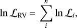 \begin{equation*} \ln \mathcal{L}_{\textrm{RV}}\,{=}\,\sum_i^n\ln\mathcal{L}_i, \end{equation*}
