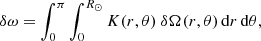 $$ \begin{aligned} \delta \omega = \int _0^\pi \int _0^{R_{\odot }} K (r,\theta )\ \delta \Omega (r,\theta ) \,\mathrm{d} r\,\mathrm{d}\theta , \end{aligned} $$