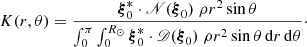 $$ \begin{aligned} K (r,\theta ) = \frac{\boldsymbol{\xi }^{*}_{0} \cdot \boldsymbol{\fancyscript {N}}(\boldsymbol{\xi }_0) \; \rho r^2 \sin \theta }{\int _0^\pi \int _0^{R_{\odot }} \boldsymbol{\xi }^{*}_{0} \cdot \boldsymbol{\fancyscript {D}}(\boldsymbol{\xi }_0) \; \rho r^2\sin \theta \,\mathrm{d} r\,\mathrm{d}\theta }\cdot \end{aligned} $$