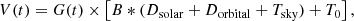 $$ \begin{aligned} V(t) = G(t) \times \left[ B *(D_{\mathrm{solar} } + D_{\mathrm{orbital} } + T_{\mathrm{sky} }) + T_0\right], \end{aligned} $$