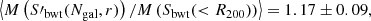 $$ \begin{aligned}\left\langle {M\left( {S{\prime _{{\rm{bwt}}}}({N_{{\rm{gal}}}},r)} \right)/M\left( {{S_{{\rm{bwt}}}}( < {R_{200}})} \right)} \right\rangle = 1.17 \pm 0.09, \end{aligned} $$