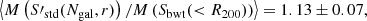 $$ \begin{aligned}\left\langle {M\left( {S{\prime _{{\rm{std}}}}({N_{{\rm{gal}}}},r)} \right)/M\left( {{S_{{\rm{bwt}}}}( < {R_{200}})} \right)} \right\rangle = 1.13 \pm 0.07, \end{aligned} $$
