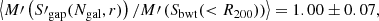 $$ \begin{aligned}\left\langle {M\prime \left( {S{\prime _{{\rm{gap}}}}({N_{{\rm{gal}}}},r)} \right)/M\prime \left( {{S_{{\rm{bwt}}}}( < {R_{200}})} \right)} \right\rangle = 1.00 \pm 0.07, \end{aligned} $$