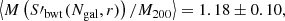 $$ \begin{aligned}\left\langle {M\left( {S{\prime _{{\rm{bwt}}}}{\mkern 1mu} ({N_{{\rm{gal}}}},r)} \right)/{M_{200}}} \right\rangle = 1.18 \pm 0.10, \end{aligned} $$