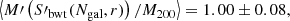 $$ \begin{aligned}\left\langle {M\prime \left( {S{\prime _{{\rm{bwt}}}}{\mkern 1mu} ({N_{{\rm{gal}}}},r)} \right)/{M_{200}}} \right\rangle = 1.00 \pm 0.08, \end{aligned} $$