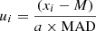 $$ \begin{aligned} u_i=\frac{(x_i-M)}{a \times \mathrm{MAD} } \end{aligned} $$