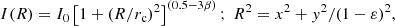 $$ \begin{aligned} I(R) = I_0 \left[1 + (R/r_{\rm c})^2 \right]^{(0.5 - 3\beta )};\;R^2 = x^2 + { y}^2/(1-\varepsilon )^2, \end{aligned} $$