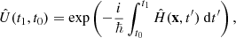 $$ \begin{aligned} \hat{U}(t_1,t_0) = \exp \left( -\frac{i}{\hbar } \int _{t_0}^{t_1} \hat{H}(\mathbf x ,t^\prime ) ~ \mathrm{d}t^\prime \right), \end{aligned} $$