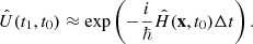 $$ \begin{aligned} \hat{U}(t_1,t_0) \approx \exp \left( {-\frac{i}{\hbar } \hat{H}(\mathbf x ,t_0) \Delta t} \right). \end{aligned} $$