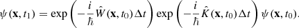 $$ \begin{aligned} \psi (\mathbf x ,t_1) = \exp \left( {-\frac{i}{\hbar } \hat{W}(\mathbf x ,t_0) \Delta t} \right) \exp \left( {-\frac{i}{\hbar } \hat{K}(\mathbf x ,t_0) \Delta t} \right) \psi (\mathbf x ,t_0). \end{aligned} $$