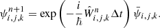 $$ \begin{aligned} \psi ^{n+1}_{i,j,k} = \exp \left( {-\frac{i}{\hbar } \hat{W}^n_{i,j,k} \Delta t} \right) \bar{\psi }_{i,j,k}. \end{aligned} $$