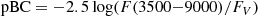 $$ \begin{aligned} \mathrm{pBC} = -2.5 \log (F(3500{-}9000)/F_V) \end{aligned} $$