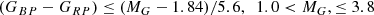 $$ \begin{aligned} (G_{BP}-G_{RP})&\le (M_G - 1.84) / 5.6,\ \ 1.0 < M_G, \le 3.8 \end{aligned} $$
