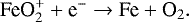 \begin{equation*} \text{FeO}_2^&#x002B; &#x002B; \text{e}^- \rightarrow \text{Fe} &#x002B; \text{O}_2.\end{equation*}