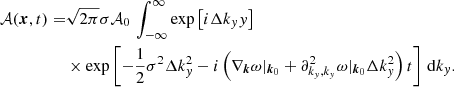 $$ \begin{aligned} \mathcal{A} ({\boldsymbol{x}}, t) =&\sqrt{2\pi }\sigma \mathcal{A} _0\,\int _{-\infty }^{\infty }\exp \left[i\Delta k_y y\right] \nonumber \\&\times \exp \left[-\frac{1}{2}\sigma ^2\Delta k_y^2 -i\left(\nabla _{{\boldsymbol{k}}}\omega |_{{\boldsymbol{k}}_0}+ \partial ^2_{k_y,k_y}\omega |_{{\boldsymbol{k}}_0}\Delta k_y^2\right)t \right]\,\mathrm{d} k_y. \end{aligned} $$