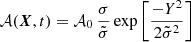 $$ \begin{aligned} \mathcal{A} ({\boldsymbol{X}}, t) = \mathcal{A} _0\,\frac{\sigma }{\tilde{\sigma }}\exp \left[\frac{-Y^2}{2\tilde{\sigma }^2}\right] \end{aligned} $$