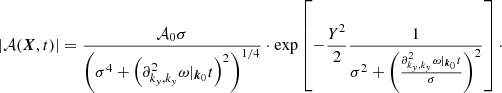 $$ \begin{aligned} \left|\mathcal{A} ({\boldsymbol{X}}, t)\right| = \frac{\mathcal{A} _0 \sigma }{\left( \sigma ^4+\left(\partial ^2_{k_y,k_y}\omega |_{{\boldsymbol{k}}_0}t\right)^2 \right)^{1/4}} \cdot \exp \left[-\frac{Y^2}{2} \frac{1}{\sigma ^2 + \left(\frac{\partial ^2_{k_y,k_y}\omega |_{{\boldsymbol{k}}_0}t}{\sigma }\right)^2}\right]\cdot \end{aligned} $$