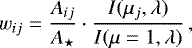 \begin{equation*} w_{ij} = \frac{A_{ij}}{A_{\star}}\cdot\frac{I(\mu_j,\lambda)}{I(\mu=1,\lambda)}\,, \end{equation*}