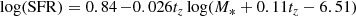 $$ \begin{aligned} \mathrm{log(SFR)= 0.84 } \,{ - 0.026t_{z} \log (M_{*} + 0.11t_{z} -6.51)} \end{aligned} $$