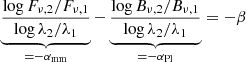 $$ \begin{aligned} \underbrace{\frac{\log F_{\nu ,2}/F_{\nu ,1}}{\log \lambda _2/\lambda _1}}_{= -\alpha _{\rm mm}} - \underbrace{\frac{\log B_{\nu ,2}/B_{\nu ,1}}{\log \lambda _2/\lambda _1}}_{= -\alpha _{\rm Pl}} = -\beta \end{aligned} $$