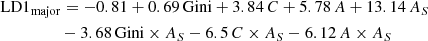 $$ \begin{aligned}&\mathrm {LD1_{major}} = -0.81 +0.69 \,\mathrm{Gini} + 3.84 \,C + 5.78 \,A + 13.14 \,A_{S} \nonumber \\&\qquad \qquad \ \ - 3.68 \,\mathrm{Gini} \times A_{S} - 6.5 \,C \times A_{S} - 6.12 \,A \times A_{S} \nonumber \end{aligned} $$