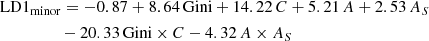 $$ \begin{aligned}&\mathrm {LD1_{minor}} = -0.87 +8.64 \,\mathrm{Gini} + 14.22 \,C + 5.21\, A + 2.53 \,A_{S} \nonumber \\&\qquad \qquad \ \ - 20.33 \,\mathrm{Gini} \times C - 4.32 \,A \times A_{S} \nonumber \end{aligned} $$