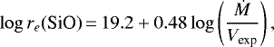 \begin{equation*}\log r_{e}\textrm{(SiO)}\,{=}\,19.2 &#x002B; 0.48 \log \left(\frac{\dot{M}}{V_{\textrm{exp}}}\right), \end{equation*}