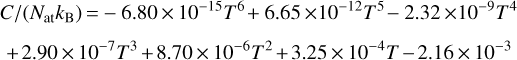 \begin{multline*}C/(N_{\textrm{at}} k_{\textrm{B}}) \,{=}\, \!-6.80\,{\times}\,10^{-15}T^6\! &#x002B; 6.65\,{\times}\,\!10^{-12}T^5\! - 2.32\,{\times}\,\!10^{-9}T^4 \\[3pt] \ &#x002B; 2.90\,{\times}\,10^{-7}T^3 &#x002B; 8.70\,{\times}\,10^{-6}T^2 &#x002B; 3.25\,{\times}\,10^{-4}T - 2.16\,{\times}\,10^{-3} \end{multline*}