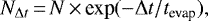 \begin{equation*}N_{\Delta t} \,{=}\, N \,{\times}\, \textrm{exp}(-\Delta t/t_{\textrm{evap}}), \end{equation*}