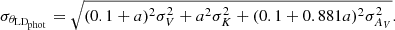 $$ \sigma _{\theta _{\mathrm{LD} _\mathrm{phot} }} = \sqrt{(0.1+a)^2 \sigma _V^2 + a^2 \sigma _K ^2 + (0.1 + 0.881a)^2 \sigma _{A_{V}}^2}. $$