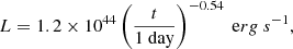 $$ \begin{aligned} L=1.2\times 10^{44}\left(\frac{t}{1~\mathrm{day} }\right)^{-0.54}~\mathrm erg~s^{-1} , \end{aligned} $$