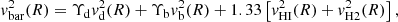 $$ \begin{aligned} { v}^2_{\mathrm{bar}}(R) = \Upsilon _{\mathrm{d}} { v}^2_{\mathrm{d}}(R) + \Upsilon _{\mathrm{b}} { v}^2_{\mathrm{b}}(R) + 1.33\left[{ v}^2_{\mathrm{HI}}(R) + { v}^2_{\mathrm{H2}}(R)\right], \end{aligned} $$