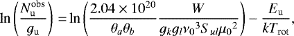 \begin{equation*} \textrm{ln}\left(\frac{N_{\textrm{u}}^{\textrm{obs}}}{g_{\textrm{u}}}\right)\,{=}\,\textrm{ln}\left(\frac{2.04 \times 10^{20}}{\theta_a \theta_b}\frac{W}{g_kg_l{\nu_0}^3S_{ul}{\mu_0}^2}\right)-\frac{E_{\textrm{u}}}{kT_{\textrm{rot}}},\end{equation*}